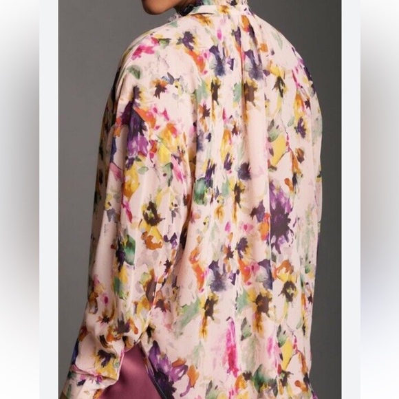 Pilcro x Anthropologie The Tavi Buttondown Blouse Large Pink Floral Long Sleeve - Picture 3 of 6